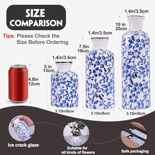 Image of Chinoiserie Decor Ceramic Vases Set - 3 Blue and White Vase, Chinoiserie Vase Farmhouse Country, Flower Vases Home Decor, Living Room Decoration, Entrance, Fireplace, Table Decoration, Centerpieces