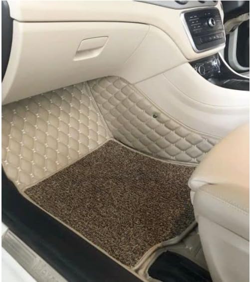 Image of CAPEDELL 7D Premium Car Floor Mat Compatible with Mahindra 7XO ||Luxury Leather Double Layered Mat||Set of 4pcs||Waterproof and Washable||Colour:-Beige with Golden
