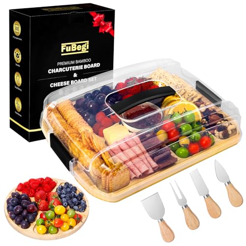 Cheese Board and Knife Set, Bamboo Cheese Board with Lid Cover, Charcuterie Board Gift Set with Lid Handle for Meat Snack Travel, Cheeseboard Serving Board Platter Christmas Tray House Warming Gift