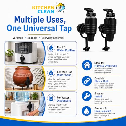 Image of Kitchen Clean All RO Water Purifier Taps for Kent, Dolphin, Aqua - Suitable for Mud Pot Water Can, Water Dispenser, Filter Nal (Black | Pack of 2)
