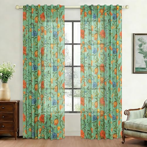 JOOJA Green Floral Linen Curtains, Boho Whimsical Bird Print Curtains for Bedroom Window Colorful Patterned Sheer Curtains for Living Room Kitchen 2 Panels 63 Inches Long
