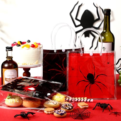 Image of Teenyyou 24 Pcs Spider Party Favor Bags Bulk Spider Web Clear PVC Goodie Reusable Transparent Treat Snack Cookie Candy Bags with Handles for Birthday Party Supplies