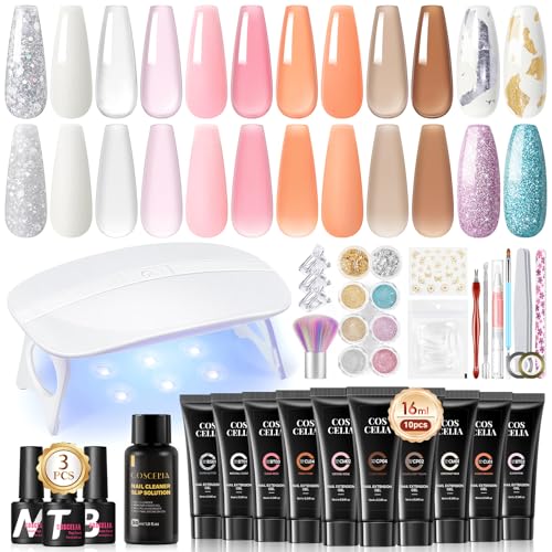 COSCELIA Gel Extensión de Uñas Kit 86PCS, 10 Colores 16ml Poly Uñas Gel Kit con Lampara Uñas Semipermanentes Base y Top Coat Mate,6 Colores Brillos Polvo Herramientas de Manicura para Principiante