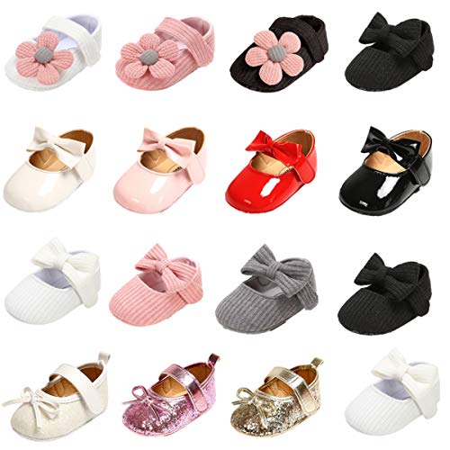 Bebeii Baby Girls Mary Jane Flats Anti-Slip Rubber Sole Bow Toddler Princess Dress Shoes First Walker Crib Shoes Glitter Pink 6-12 Months Infant
