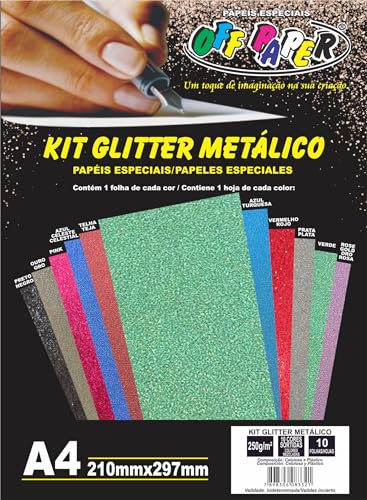 Kit Glitter Metálico 250g, formato A4, pct com 10 fls, 10564