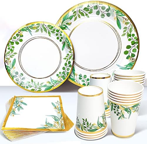 Sweet Baby Co. Sage Greenery Plates for 24 Jungle Theme Boho Party Supplies Bridal Baby Shower Napkins Boy Girl Paper Plate Napkin and Cups Safari Birthday Wedding Decorations Floral Gold Leaf Decor