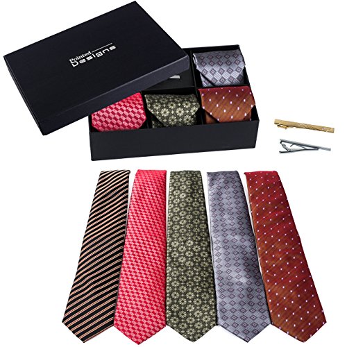 Classic Mens Ties - Gift For Men - 5 Men's Neckties And 2 Tie Bars In Gift Box - Ties In Gifts for Men By Pointed Designs