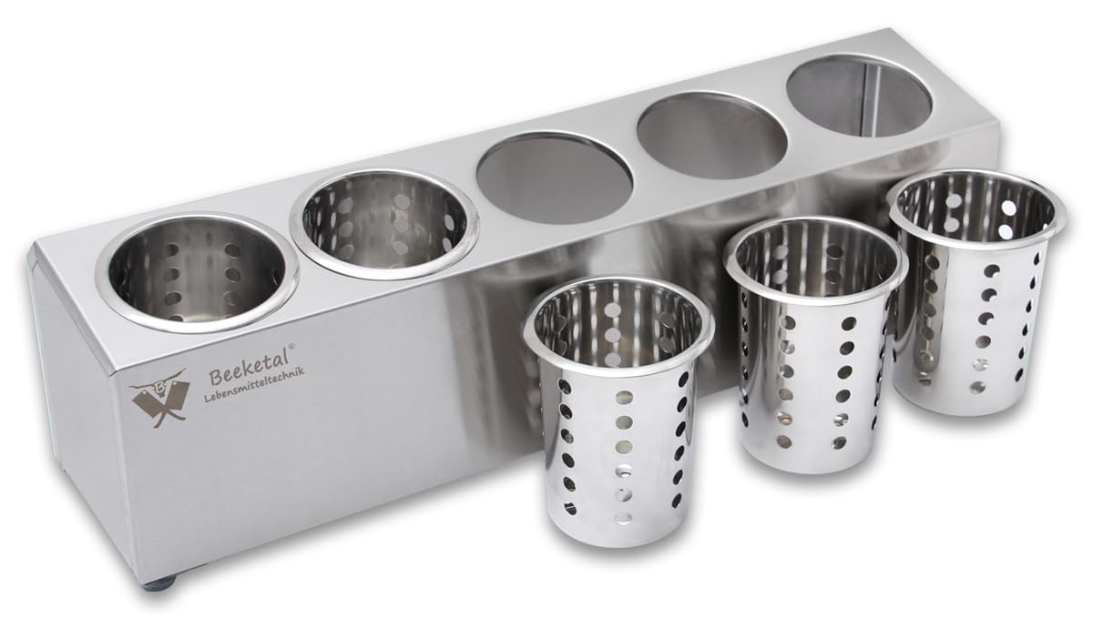 Beeketal 'BBK-5' Profi Gastro Besteckbehälter aus Edelstahl poliert inkl. 5 Köcher einreihig, entnehmbare Besteck Köcher, Oberfläche leicht abgeschrägt - Abmessung (L/B/H): ca. 625 x 150 x 185 mm