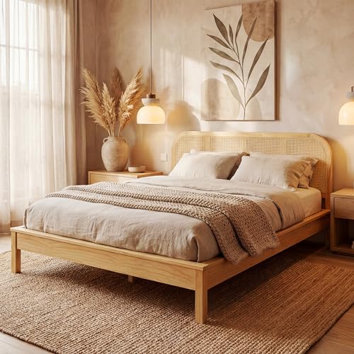 Merax Queen Size Natural Wood Bed Frame with Rattan Headboard,