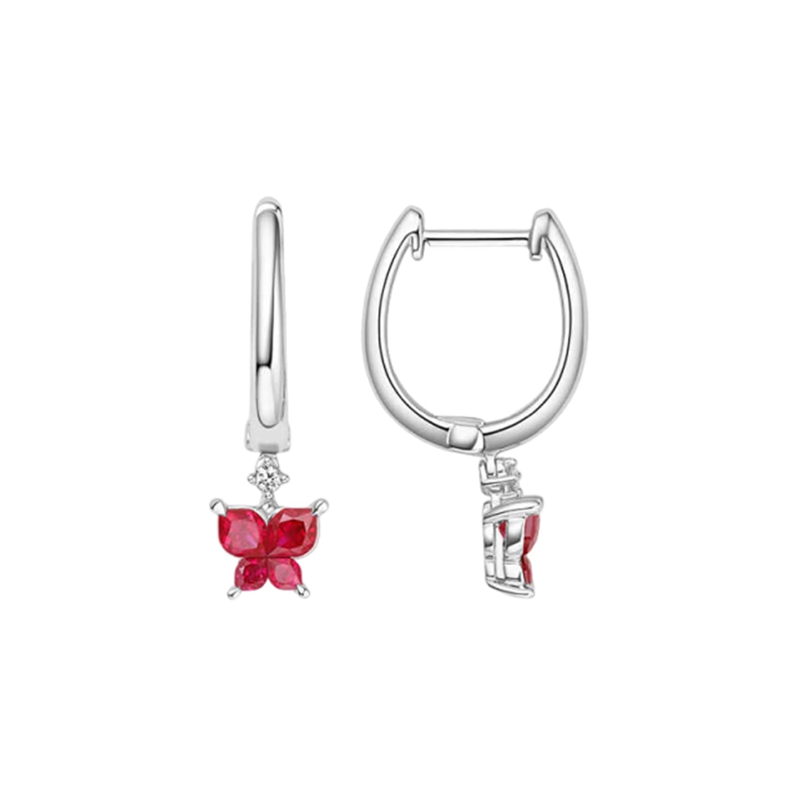 Damskie kolczyki na sztyfcie, nowoczesne motyle, rubin 0,8 ct; diament 0,03 ctGold, wiszące kolczyki damskie dla dziewczyny, białe złoto 14 K, modna biżuteria na Dzień Matki