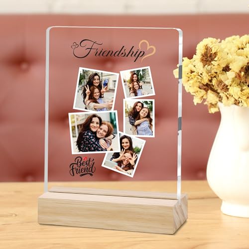 Image of Giftplease Customized Friends Plaque with Wooden Stand | Personalized Photo Frame with Quote | Best Friend Birthday Gift, Farewell Gift, Friendship Day Gift for BFF Keepsake Room Decor FR 07
