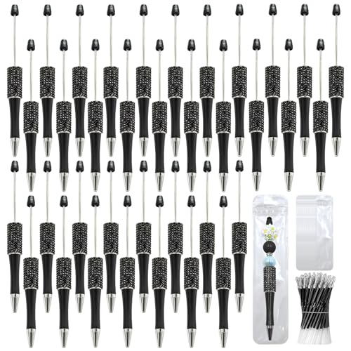 Image of 75 Pcs DIY Diamond Beadable Pen Kit - 25 Plastic Rhinestone Beaded Pens Bulk with Refills & Bags - Fancy Cute Glitter Pens for Crafting, Students & Teachers - School Supplies (Black)