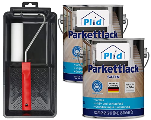 Plid® Set Vitrificateur Parquet + Rouleau - Vernis Bois Incolore brillant - 5L, Haute Résistance Chocs et Rayures, Pour Environ 60m², Protection Bois Intérieur, Parquet Meuble Escaliers