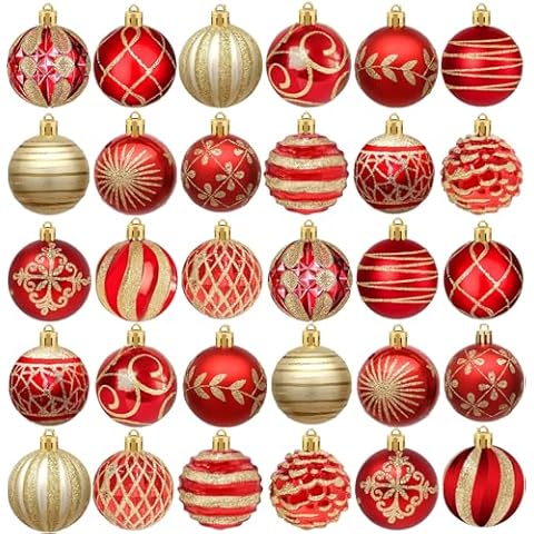 30 Pcs Christmas Red Gold Balls Ornaments in15 Styles,2.36'' Shatterproof Christmas Ball Ornament,Hand-Painted Ornament Bulk for Christmas Tree for Christmas Tree Decor Holiday Cover