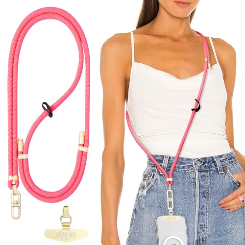 Elrvaga Adjustable Anti-Theft Phone Lanyard - 8mm Mountain Climbing Rope Neck & Crossbody Strap with Secure Locking Metal Clip - Rugged Outdoor Design for Smartphones (Rose Red)