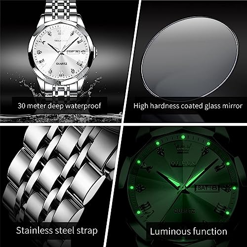 Image of OLEVS Mens Watch Stainless Steel Analog Quartz Watches for Men Day Date Easy Read Diamond Waterproof Dress Luxury Classic Casual Big Face Blue /Black /Gold /Silver Roman Arabic Numerals Men's Wrist Watch