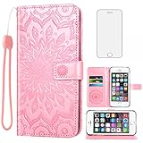 Phone Case for iPhone SE (2016 Edition), iPhone 5S/5 Wallet Cases with Tempered Glass Screen Protector Leather Flip Cover Card Holder Stand Cell Accessories 5SE i 6SE iPhone5 iPhone5s Women Rose Gold