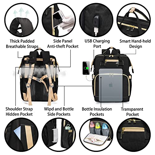 Kabaqoo Diaper Bag Backpack, Large Baby Diaper Bags For Boys Girls, Baby Bag With Usb Charging Port, Multifunction Waterproof Travel Back Pack For Moms Dads, Black #TOP1
