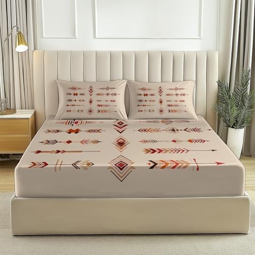 Bed Sheet Soft Microfiber 4 Pieces King Size America Tribe Arrow Rhombus Pattern Bedding Sheet Set with 1 Fitted Sheet and 2 Pillowcases,16 Inches Deep, Brown - Thumbnail 3