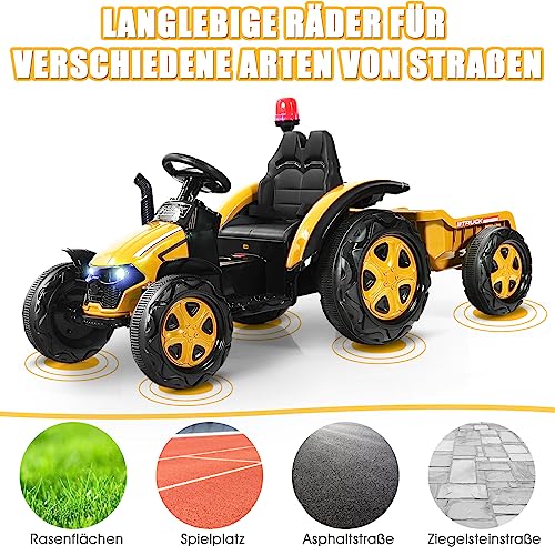 COSTWAY 12V Elektro Traktor für Kinder mit abnehmbarem Anhanger und 2,4G Fernbedienung, Aufsitztraktor 3-8 km/h mit Warnleuchte, Hupe, Musik, Getränkehalter, geeignet fur Kinder ab 3 Jahren (Gelb) – Bild 8