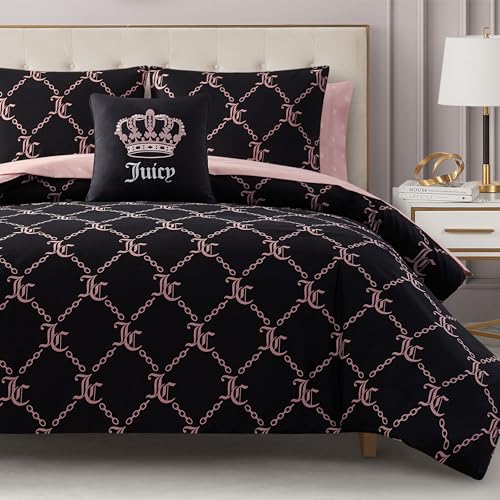 Juicy Couture Black Link Logo Printed Comforter Set Full Complete 8-Piece Bed in a Bag Collection