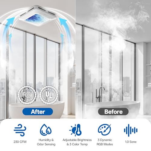 Image of Bathroom Exhaust Fan with Humidity Sensor, 230 CFM 1.0 Sone Ventilation Fan, 3 Dynamic Light and 3CCT Light (2700-4500-6500K), 11.22 inch x 11.22 inch Mount, Remote Control(Azure Mosaic)