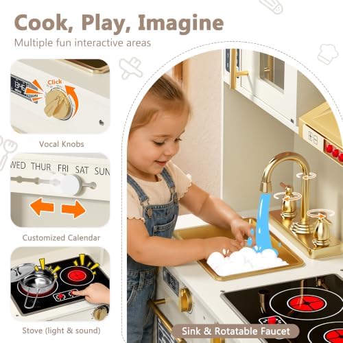 Kinder King Wooden Kids Play Kitchen w/Sounds, Storage, Accessories, Beige - 2