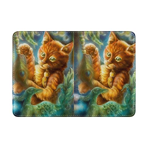 Preisvergleich Produktbild MyDaily Reisepasshülle aus Leder, Motiv Katze mit Pfauenfeder