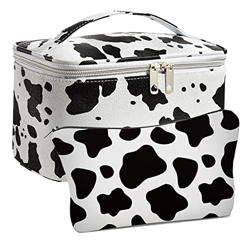 Meiyuuo Makeup Bag Bulk Cosmetic Bags Set 2PACK Organizers Medium Cosmetics Bag Small Make up Pouch for Purse for Women Ladies(Cute Cow Print) G: Cow Spots