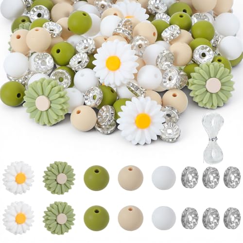 Mabor 79Pcs Daisy Silicone Beads for Keychain Making, Silicone Round Beads