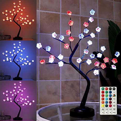 Fashionlite 18 inch Colorful Cherry Blossom Bonsai Tree 35 LED with 18 Colors Changing Modes Remote Control, Lighted Artificial Table Lamp with Multi Color Night Lights for Home Party Wedding Bedroom