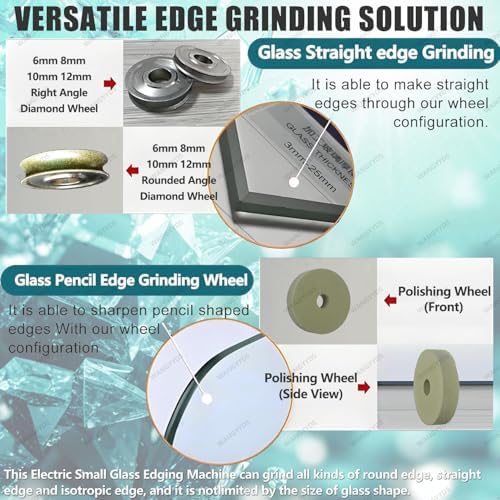 850W Portable Glass Edging Machine with 8 Diamond Wheels & 2 Polishing Wheels - Versatile Edger for Straight & Round Bevels on Glass, Acrylic, Marble, & Ceramic