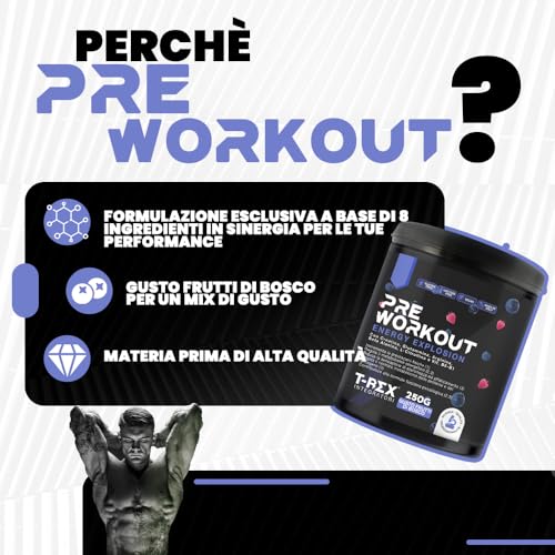 T-Rex Integratori Pre Workout, Energy Drink Potente Con Creatina Monoidrata, Bcaa, Arginina, Beta Alanina E Vitamine - Senza Caffeina, 250 G (250 G (Confezione Da 1), Frutti Di Bosco) - 2