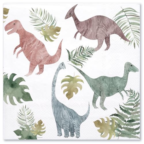 WRAPAHOLIC 50Pcs Dinosaur Napkins - 3-Ply Disposable Paper Luncheon Napkin for Dino Themed Party, Birthday, Baby Shower - 6.5 x 6.5 In
