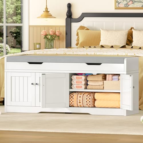 Image of 3-Tier Storage Bench, 47.2 inch Wide Shoe Bench with Lift Top Storage & 2 Adjustable Shelves, Entryway Bench with Padded Seat Cushion, Shoe Cabinet Bench for Entryway, Living Room, Bedroom (White)