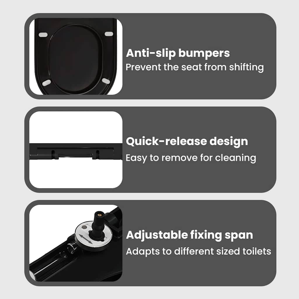 vidaXL Black Toilet Seat, Soft-Close and Quick-Release Design, Highly Durable Polypropylene Construction, Suitable for All Standard Toilet Bowls