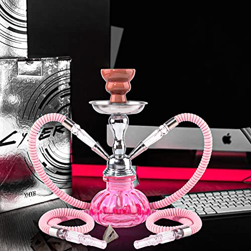 2 Hose Hookah Set 11'' Small Shisha Hookah Set With Mini Pumpkin Glass Vase, Ceramic Bowl, Leather Hose, Coal Tong, 50 Hookah Foil, 50 Disposable Tips (Pink) #TOP5