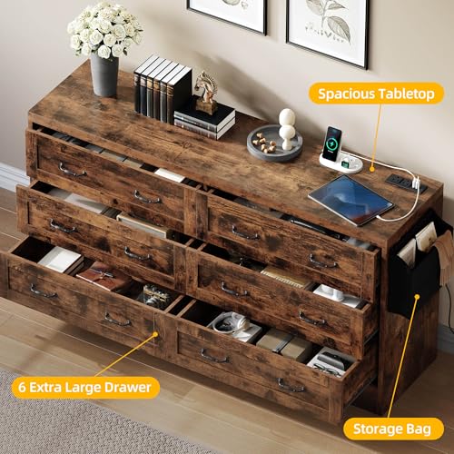 DWVO Farmhouse 6 Drawer Dresser for Bedroom, 60 Inch Large Modern Dresser TV Stand with Drawers & Bar Handles, Storage Dressers with Power Outlets, Rustic Wood Chest of Drawers, Rustic Brown
