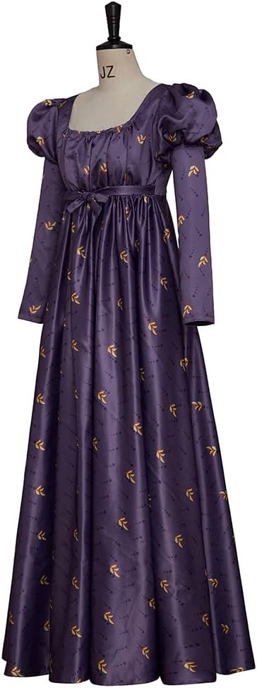 Regency Empire Jane Austen Vintage High Waistline Tea Party Ball Gown Purple Floral Puffy Sleeve Dress - Image 2