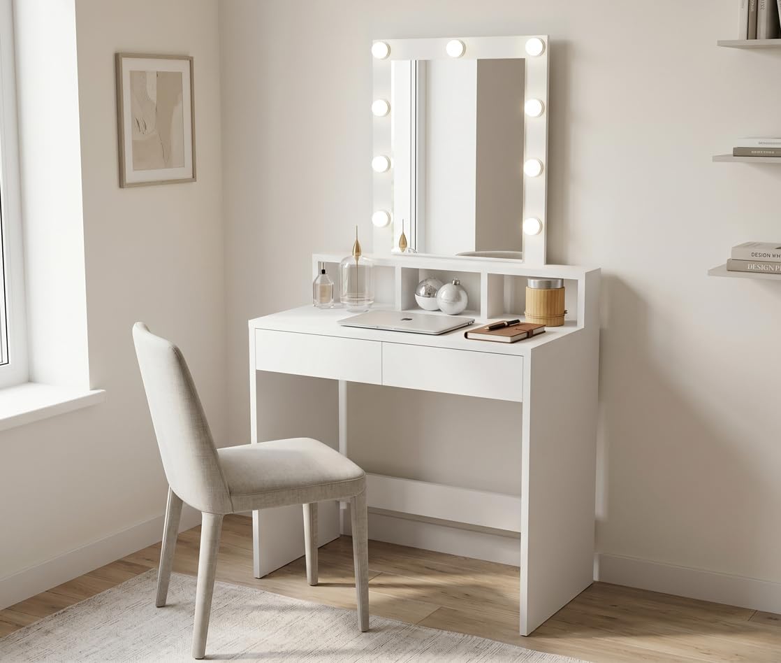 DORMIDAN Tocador de Maquillaje Grande con Espejo y Luces Led. Mesa 2 cajones y 2 estantes (Blanco)