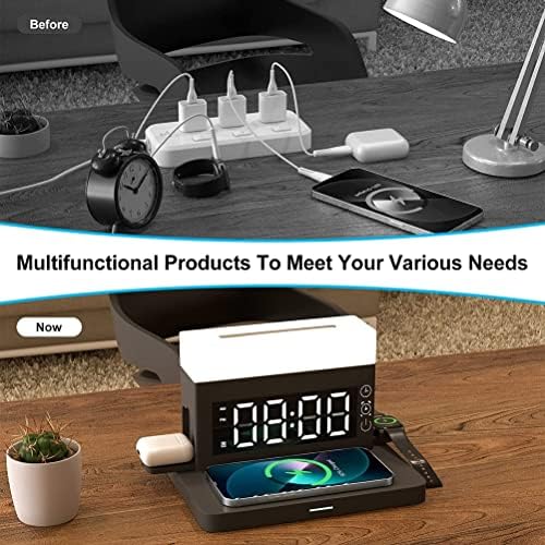 TYTOGE 6 in 1 Wireless Charging Station with LED Night Light Digital Alarm Clock 18W Fast Charging Compatible for iPhone 13/12/11/Pro/SE/XS/XR/X/8Plus/8/Samsung Galaxy/iWatch/AirPods