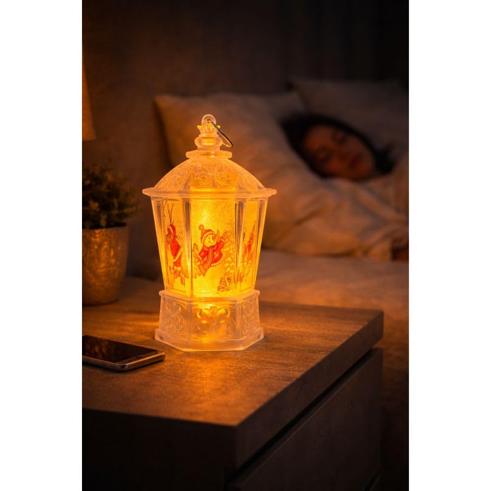 Premium Decorative Christmas LED Lantern - Holiday Lamp with Santa, Reindeer and Snowman Prints - Portable Festive Home and Hall Decor Light - Traditional Xmas Table Centerpiece 1