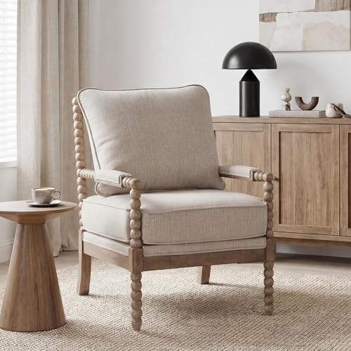 DUHOME Linen Fabric Spindle Accent Chair with Wood Frame,Modern Accent Chairs with Padded Spring Seat and Brushed White Base for Living Room Bedroom Farmhouse Home Office Belcony