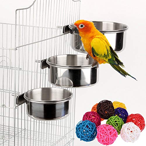3 Pcs Parrot Bird Bowl Parrot Food Dish Stainless Steel Birds Feeding Cups with 6 Pcs Rattan Balls Bird Toy DIY Accessories Toy(Random Color)
