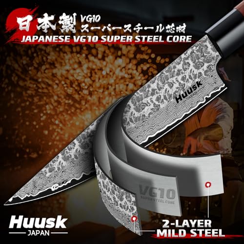 Image of Huusk Japanese Chef Knife 7 inch - Hand Forged Butcher Knife for Meat Cutting | VG10 Damascus Gyuto Chef Knives with Rosewood Handle, Meat Cleaver Boning Knife for Kitchen Cooking, Gifts for Men