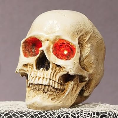 Braxio Skeleton Skull Decor Halloween Lights - Resin Skull Statues with Red Led Lights Gothic Decor for Day of The Dead Room Decor Aesthetic Indoor Figurine Lamps 3.5 * 5 * 4.5 Inch