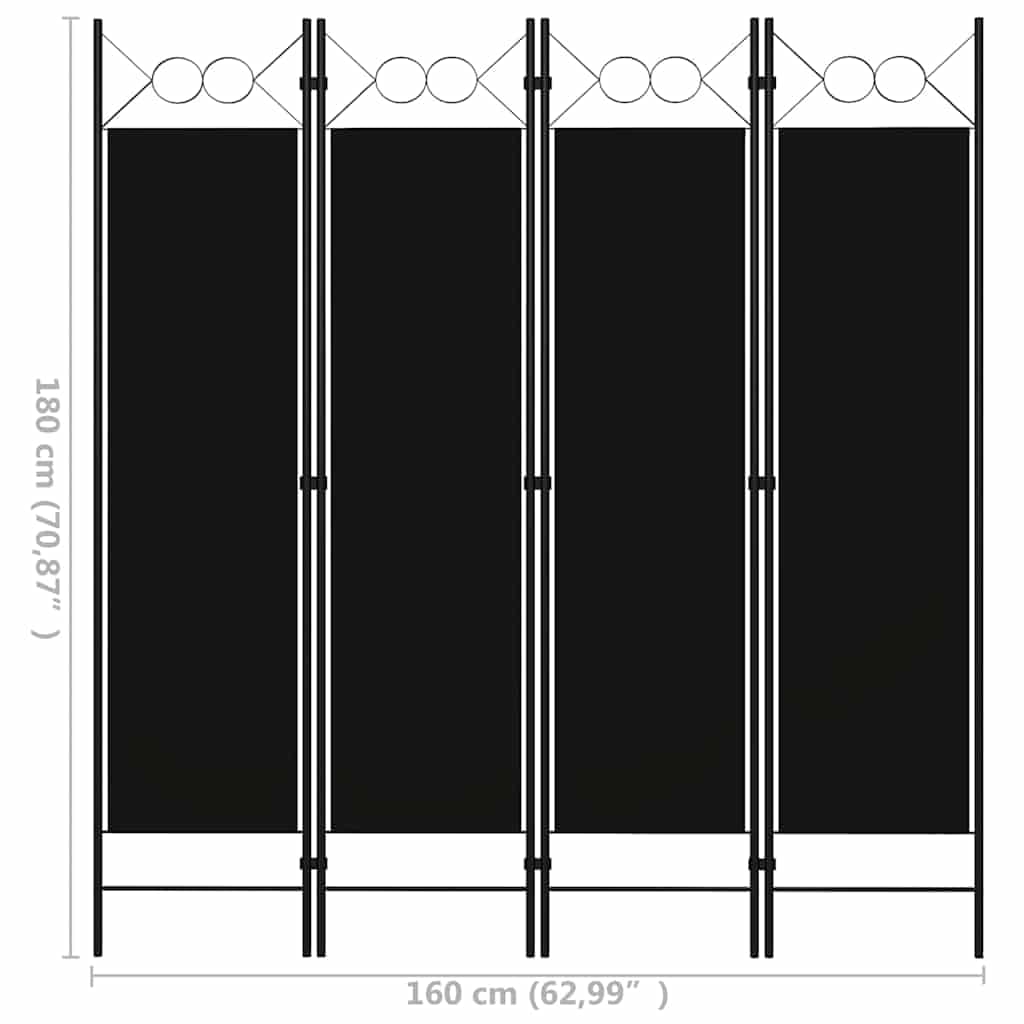 4-TLG. Raumteiler Schwarz mit Kreisdesign 160 x 180 cm freistehend faltbar Stoff Trennwand Sichtschutz für Schlafzimmer Büro Wohnzimmer Akustisch