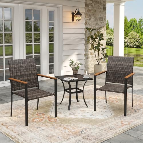 Image of VICLLAX 3 Pieces Small Patio Furniture Set, Square Patio Metal Table and Wicker Patio Stackable Chairs for Porch Yard Garden, Black Tabletop