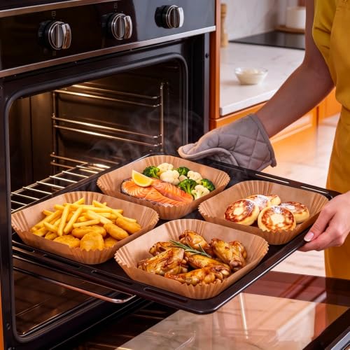 Image of 450 PCS Air Fryer Liners Disposable,Parchment Paper for 5-8 QT Air Fryer | 8 inch square air fryer liners | Non-stick & oil-proof | Heavy-duty & tear-resistant | Food-grade raw wood pulp