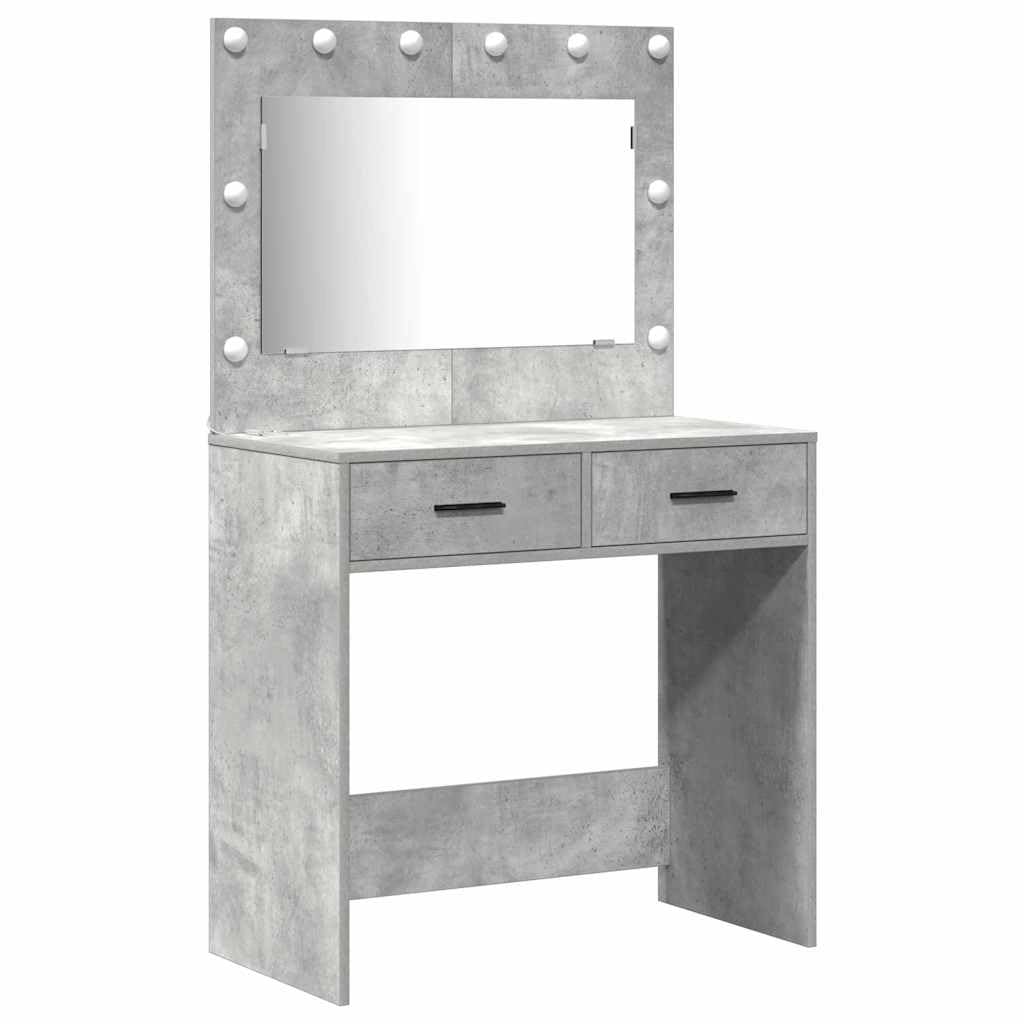 Tocador con espejo y 10 cajones de hormigón gris de madera 78,5 x 41 x 135 cm, 3 piezas con iluminación LED y armario alto para dormitorio, salón de belleza y peluquería